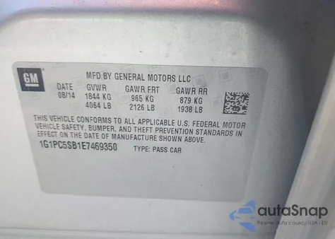 2014 Chevrolet Cruze 1Lt Auto из США, поврежденный, VIN 1G1PC5SB1E7469350